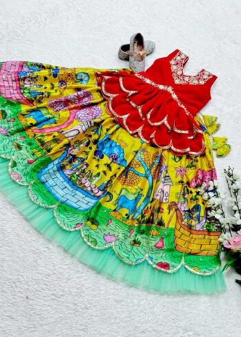 Chinon Silk Sequins Embroidered Stitched lehenga for kids