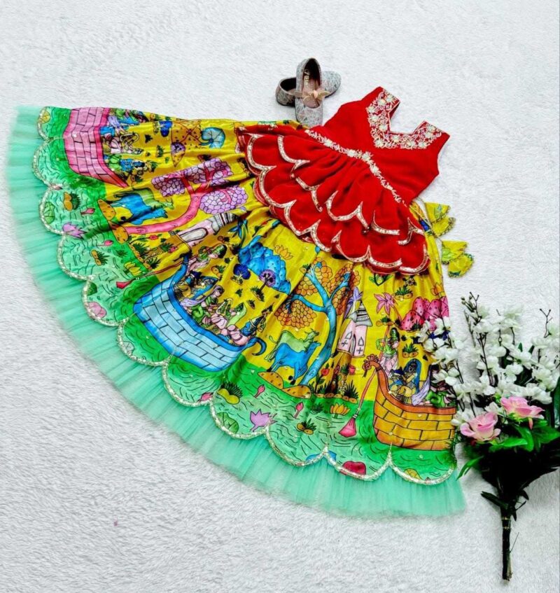 Chinon Silk Sequins Embroidered Stitched lehenga for kids