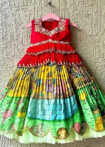 Chinon Silk Sequins Embroidered Stitched lehenga for kids
