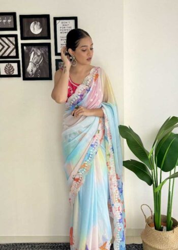 Coding and Sequins Work Digital Printed Georgette Saree