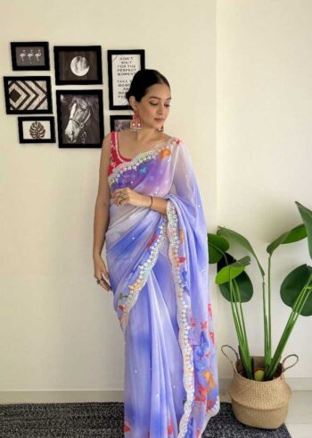 Coding and Sequins Work Digital Printed Georgette Saree