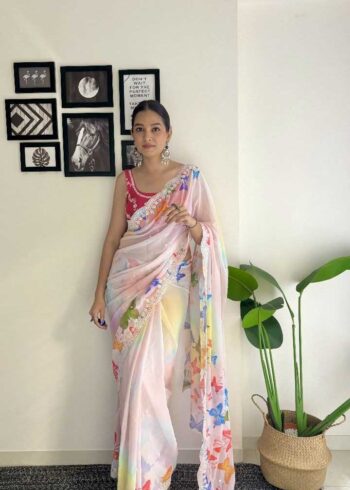 Coding and Sequins Work Digital Printed Georgette Saree