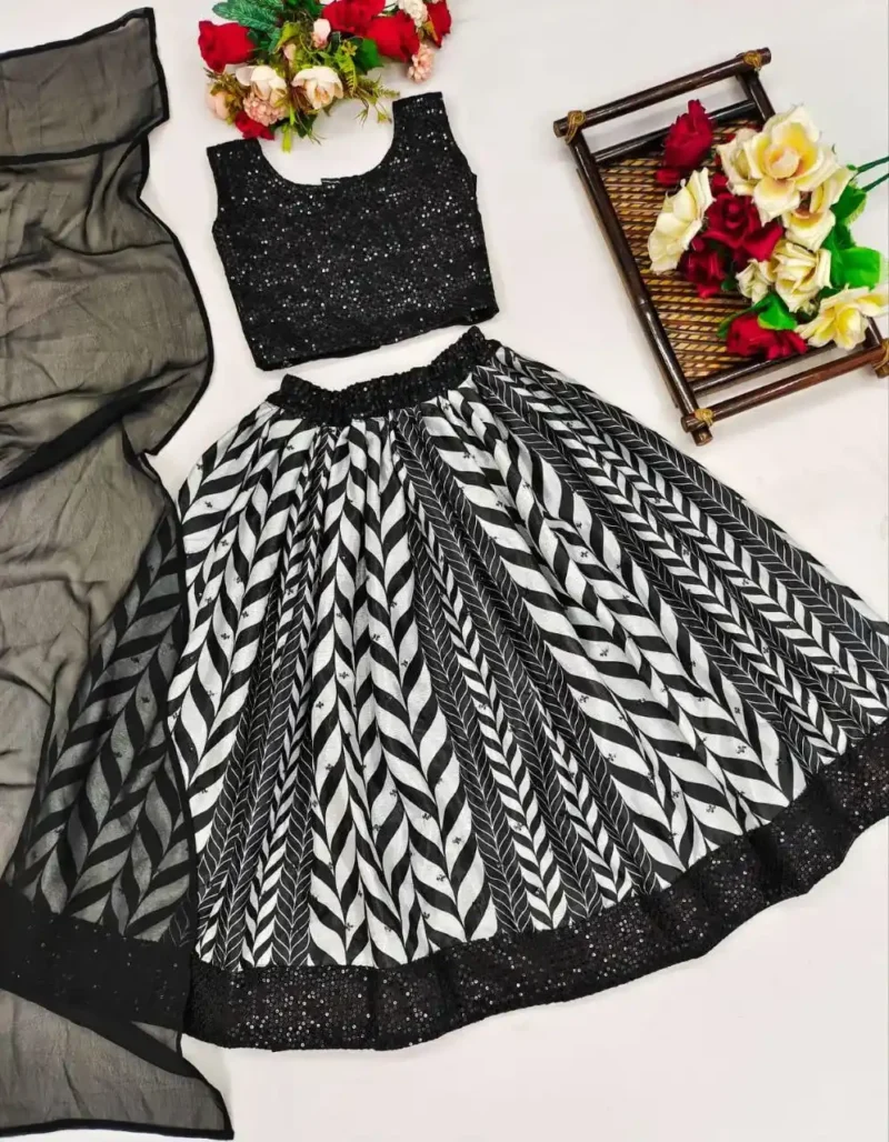 Crush Work Digital Printed Black Kids Lehenga Choli