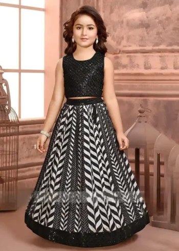 Crush Work Digital Printed Black Kids Lehenga Choli