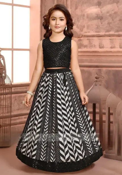 Crush Work Digital Printed Black Kids Lehenga Choli