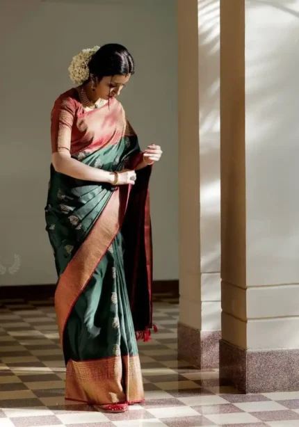 Dark Green Golden Zari Weaving Designer Silk Saree