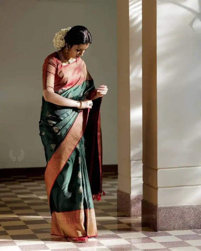 Dark Green Golden Zari Weaving Designer Silk Saree