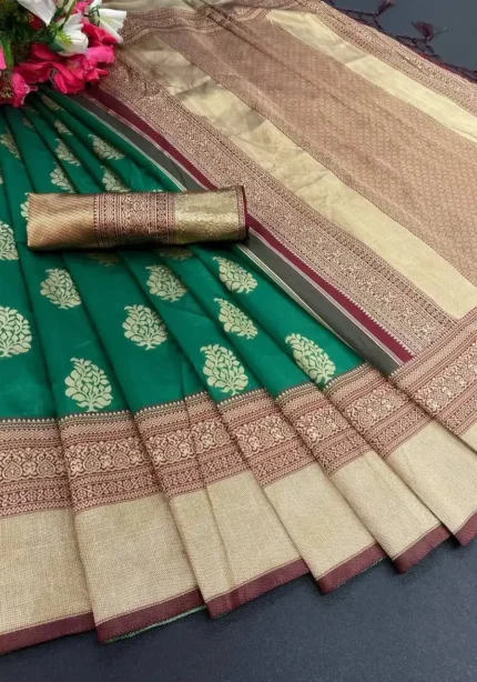 Dark Green Golden Zari Weaving Designer Silk Saree