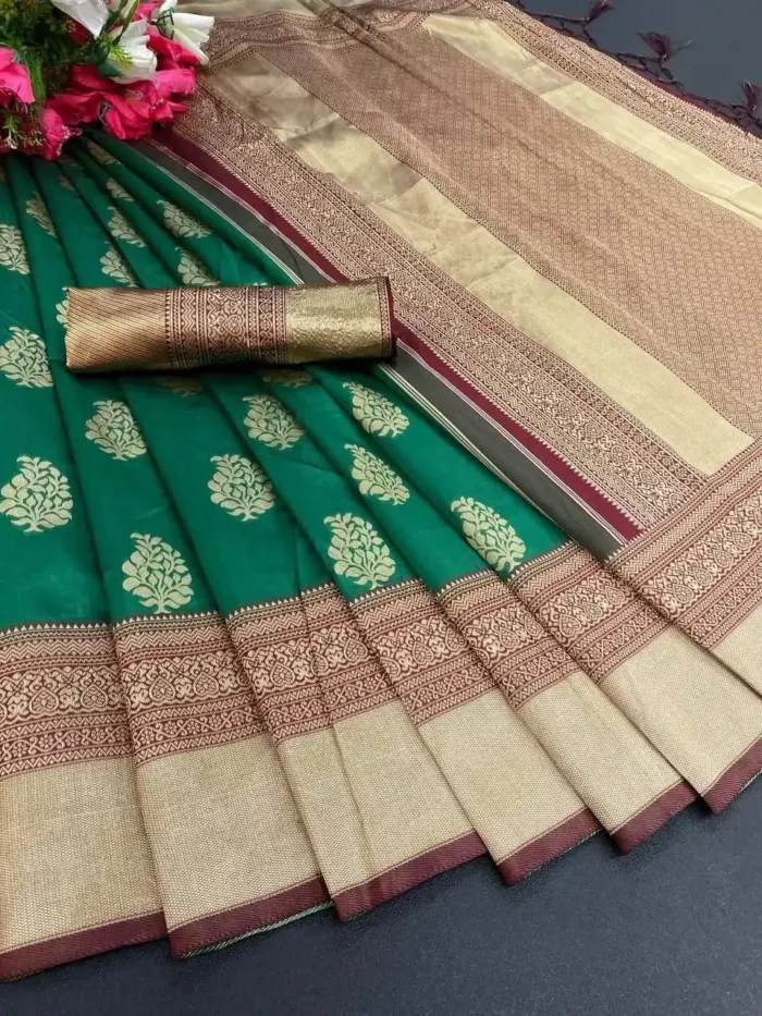 Dark Green Golden Zari Weaving Designer Silk Saree