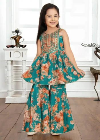 Digital Printed Sequins Embroidered Sharara Suit for Kids