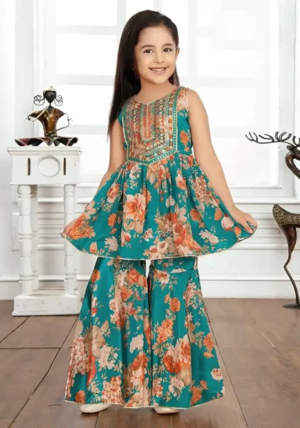 Digital Printed Sequins Embroidered Sharara Suit for Kids