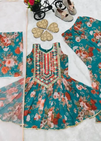 Digital Printed Sequins Embroidered Sharara Suit for Kids