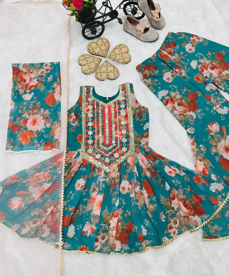 Digital Printed Sequins Embroidered Sharara Suit for Kids