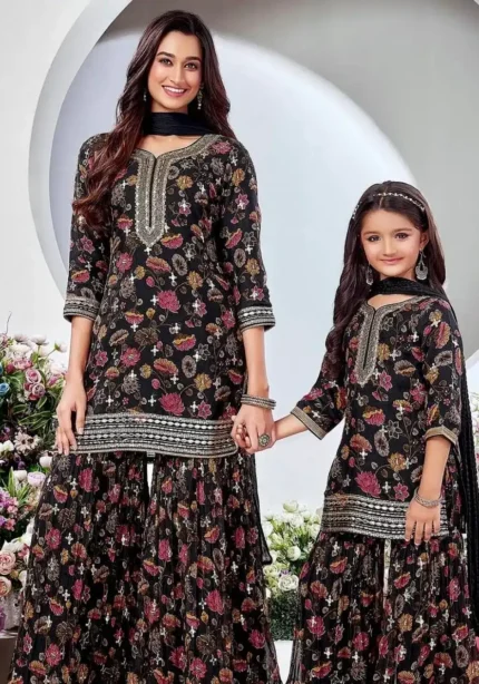 Faux Georgette Digital Printed Mother & Daughter Sharara Suit Combo