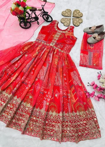 Faux Georgette Digital Printed Sequins Embroidered Gown for kids