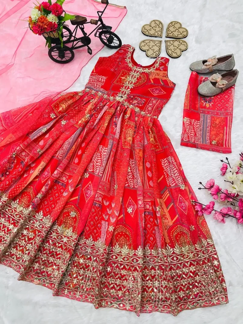 Faux Georgette Digital Printed Sequins Embroidered Gown for kids