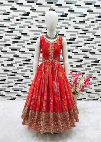 Faux Georgette Digital Printed Sequins Embroidered Gown for kids
