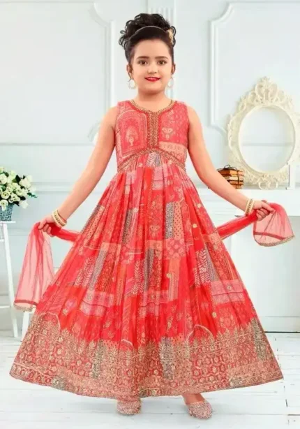 Faux Georgette Digital Printed Sequins Embroidered Gown for kids