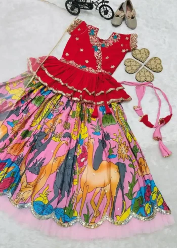 Faux Georgette Kediya Style Sequins Embroidered Lehenga for Kids