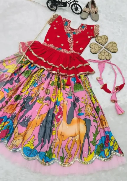 Faux Georgette Kediya Style Sequins Embroidered Lehenga for Kids