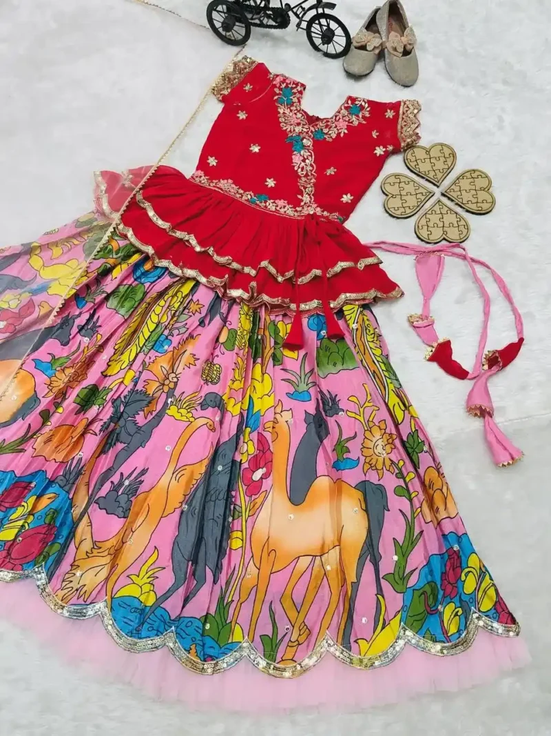 Faux Georgette Kediya Style Sequins Embroidered Lehenga for Kids