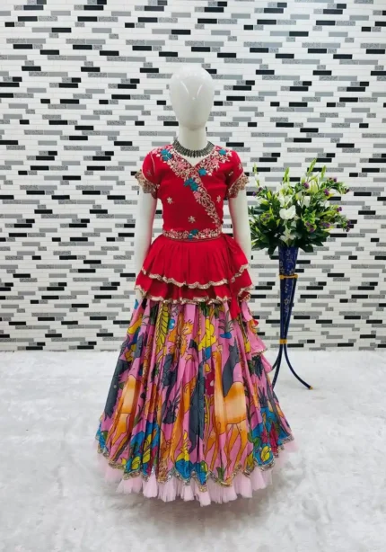 Faux Georgette Kediya Style Sequins Embroidered Lehenga for Kids