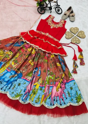 Faux Georgette Kediya Style Stitched Lehenga for kids