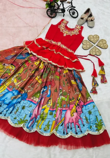 Faux Georgette Kediya Style Stitched Lehenga for kids