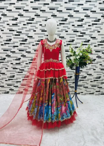 Faux Georgette Kediya Style Stitched Lehenga for kids