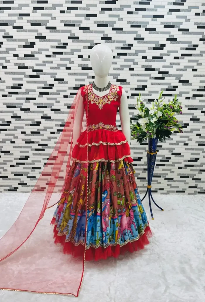 Faux Georgette Kediya Style Stitched Lehenga for kids