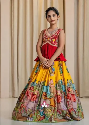 Faux Georgette Sequins & Crush work Kalamkari Lehenga for Kids