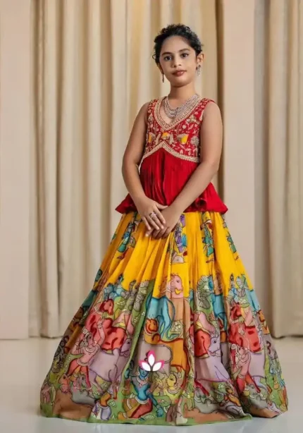 Faux Georgette Sequins & Crush work Kalamkari Lehenga for Kids