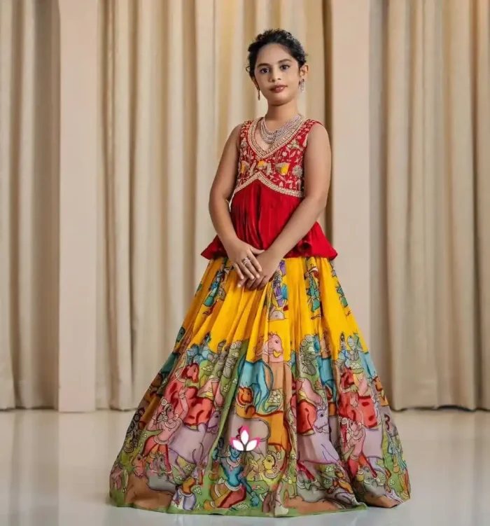 Faux Georgette Sequins & Crush work Kalamkari Lehenga for Kids