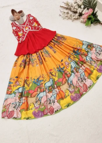 Faux Georgette Sequins & Crush work Kalamkari Lehenga for Kids