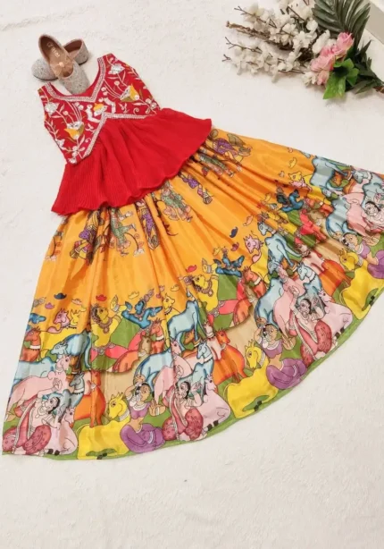 Faux Georgette Sequins & Crush work Kalamkari Lehenga for Kids