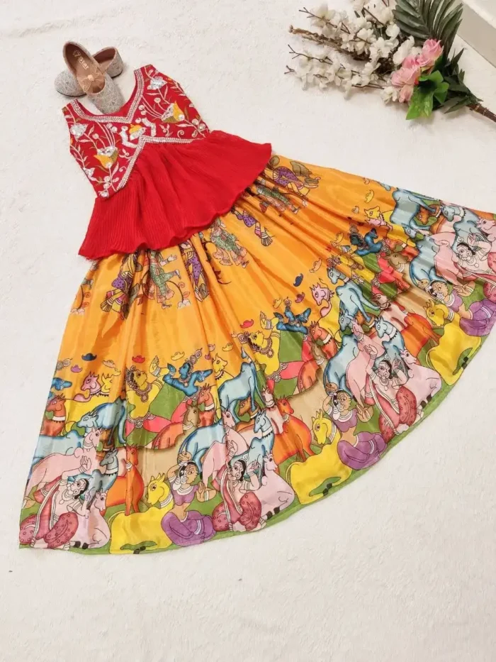 Faux Georgette Sequins & Crush work Kalamkari Lehenga for Kids