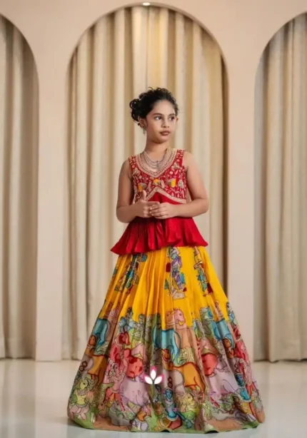 Faux Georgette Sequins & Crush work Kalamkari Lehenga for Kids