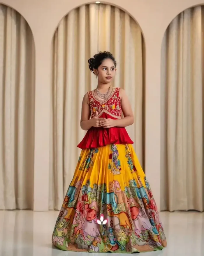 Faux Georgette Sequins & Crush work Kalamkari Lehenga for Kids