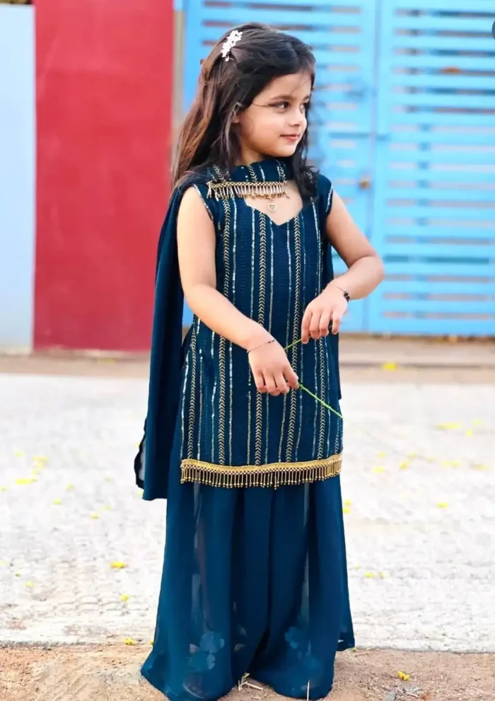 Faux Georgette Sequins Embroidered Sharara dress for Kids