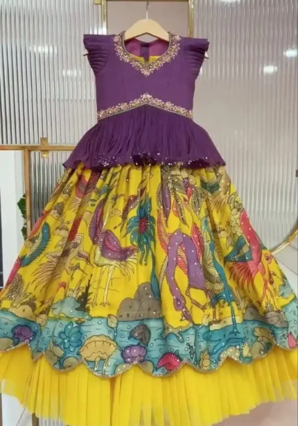 Fill Fill Border Design Kalam Kari Printed Kids Lehenga