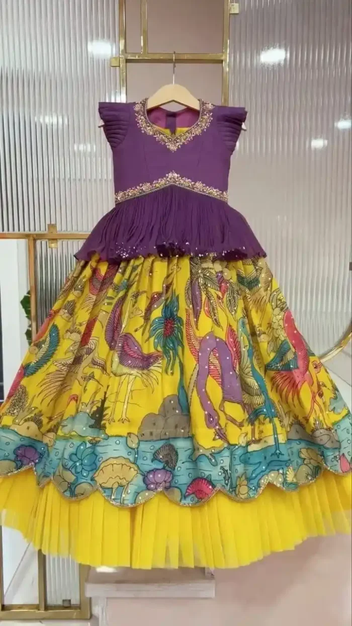 Fill Fill Border Design Kalam Kari Printed Kids Lehenga