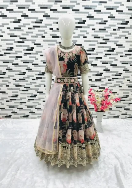 Floral Embroidered Digital Pritned Gown for Kids with Belt