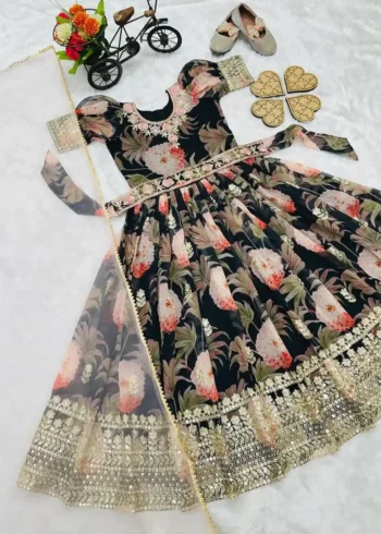 Floral Embroidered Digital Pritned Gown for Kids with Belt