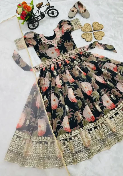 Floral Embroidered Digital Pritned Gown for Kids with Belt