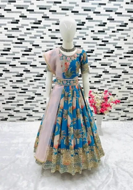 Floral Embroidered Digital Pritned Gown for Kids with Belt