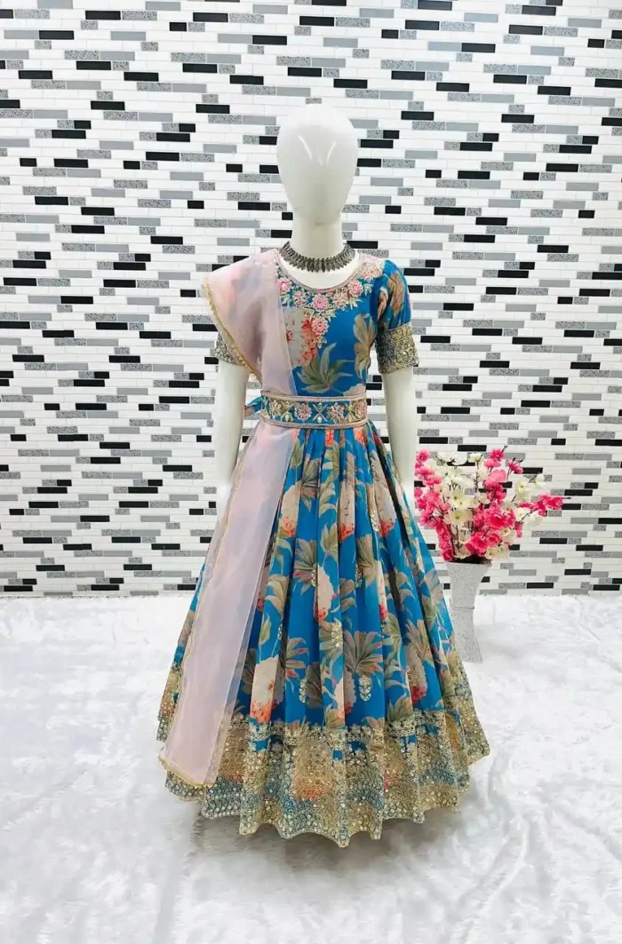 Floral Embroidered Digital Pritned Gown for Kids with Belt