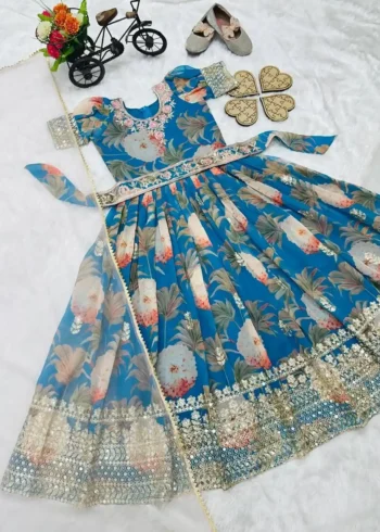 Floral Embroidered Digital Pritned Gown for Kids with Belt