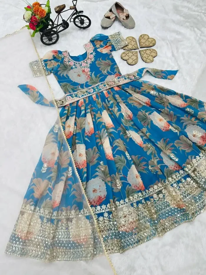 Floral Embroidered Digital Pritned Gown for Kids with Belt