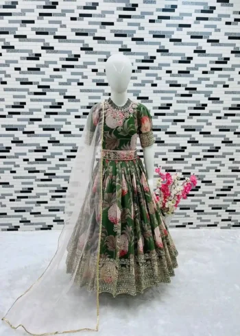 Floral Embroidered Digital Pritned Gown for Kids with Belt
