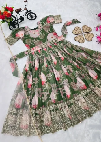 Floral Embroidered Digital Pritned Gown for Kids with Belt